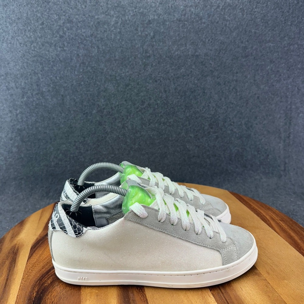 P448 John Sneakers Womens 6-6.5 White Glitter Grey Suede Snakeskin Neon Green